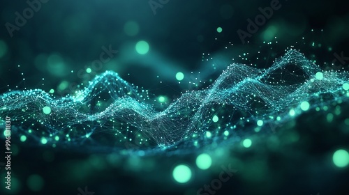 Abstract glowing wave design with vibrant teal particles against a dark background.