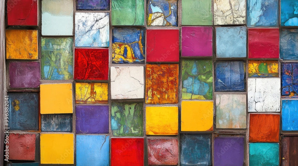 A lively wall adorned with a mosaic of multicolored squares A lively wall adorned with a mosaic of multicolored squares