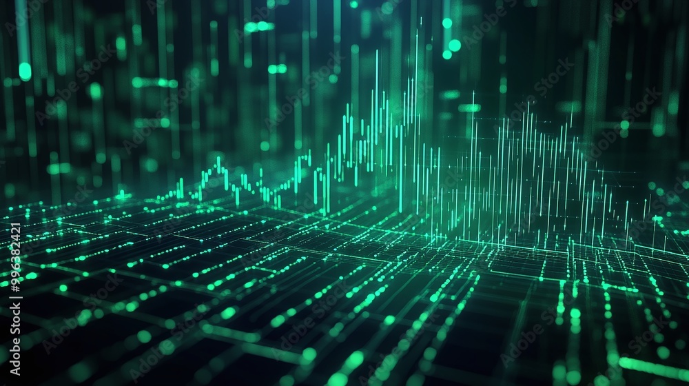 Abstract green data visualization with digital graphs and lines on a dark background. Abstract green data visualization with digital graphs and lines on a dark background.