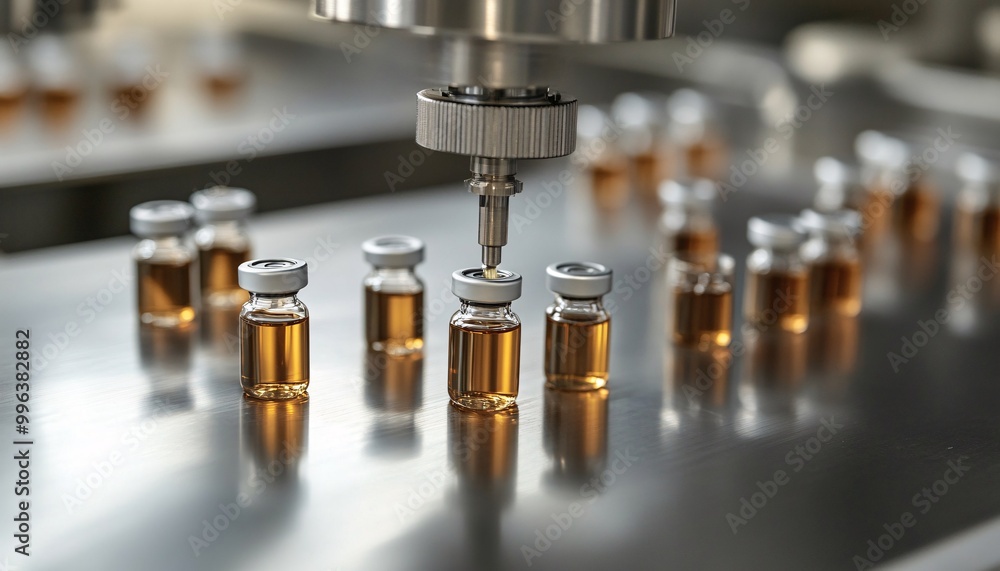 Close-up of a filling machine in action, showcasing the precision of liquid dispensing in the manufacturing process. Close-up of a filling machine in action, showcasing the precision of liquid dispensing in the manufacturing process.