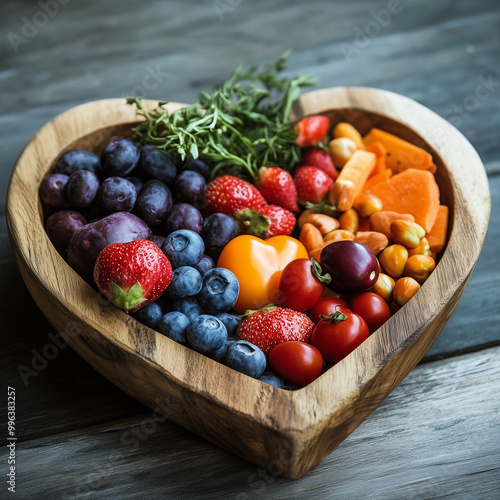 Cibo salutare in un contenitore di legno a forma di cuore. Avere a cuore l'alimentazione. photo