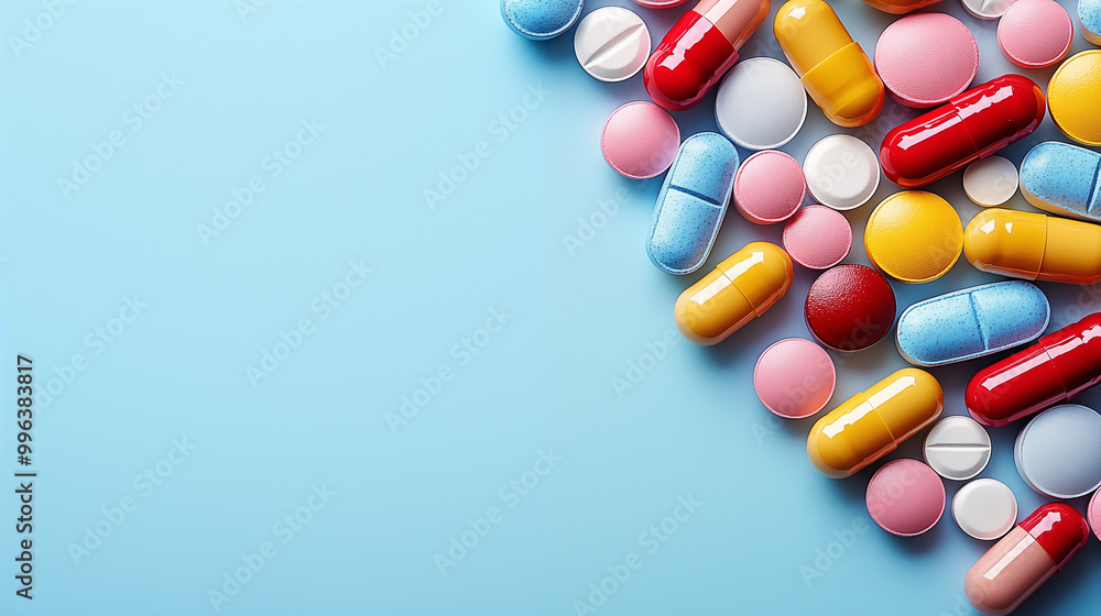 Colorful pills on blue background. Top view with copy space. Colorful pills on blue background. Top view with copy space.
