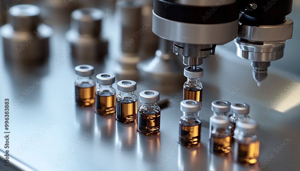 Close-up view of a filling machine accurately dispensing liquid in the manufacturing process. Close-up view of a filling machine accurately dispensing liquid in the manufacturing process.