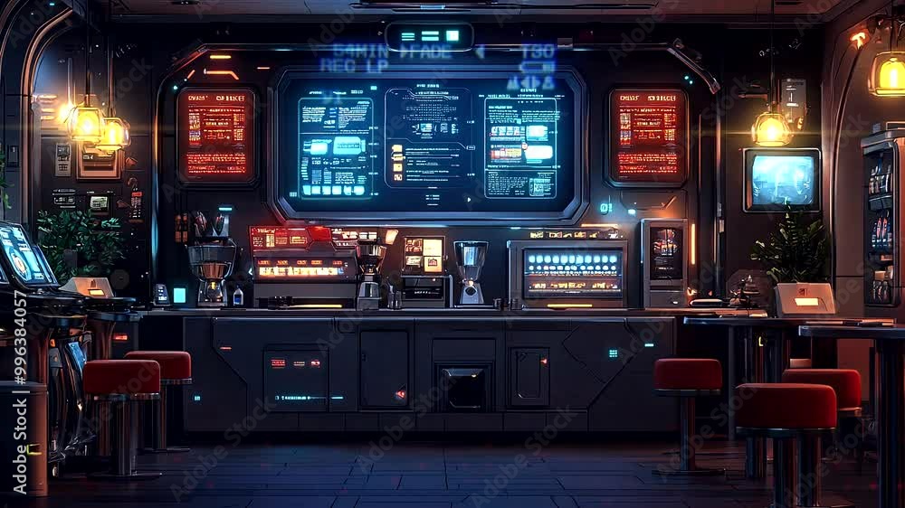 Futuristic cafe interior with advanced technology displays and cyberpunk design. Seamless looping 4K video background Futuristic cafe interior with advanced technology displays and cyberpunk design. Seamless looping 4K video background