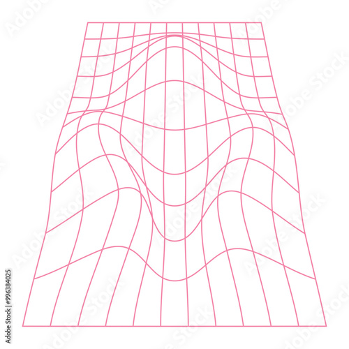 Distorted grid surface màu hồng. Mesh warp texture. Futuristic net with convex effect. Geometric deformation. Gravity phenomenon. Vector graphic illustration
