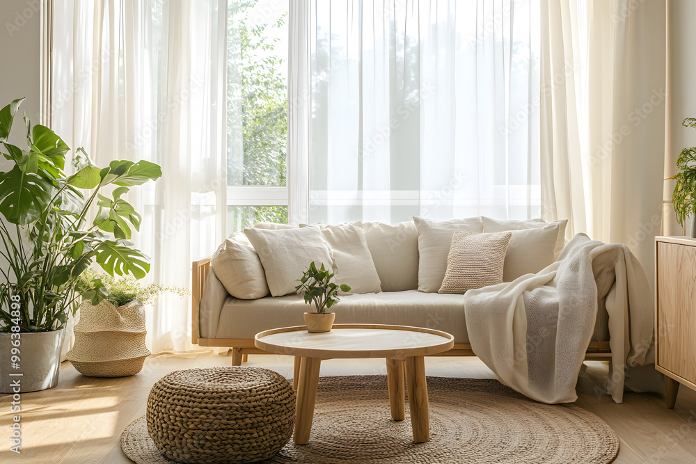 A bright, airy living room featuring a minimalist white sofa, soft cushions, and lush indoor plants. Natural light pours in through sheer curtains, creating a serene and inviting space. A bright, airy living room featuring a minimalist white sofa, soft cushions, and lush indoor plants. Natural light pours in through sheer curtains, creating a serene and inviting space.