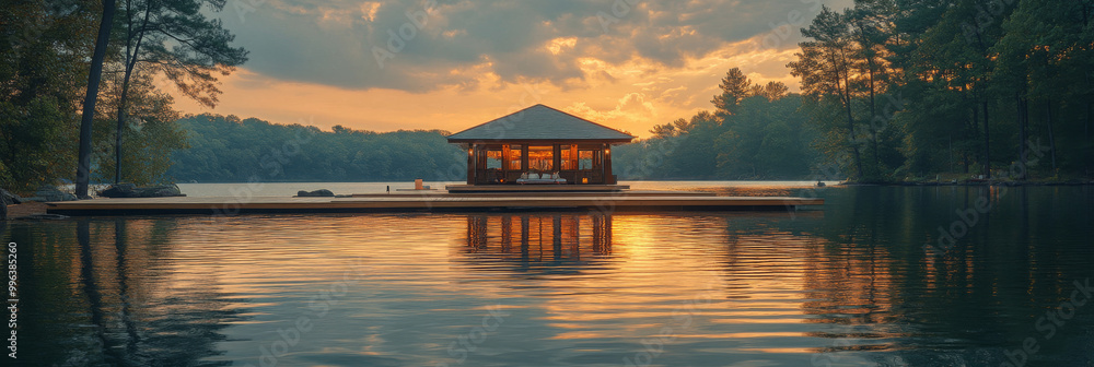 Fototapeta premium A wooden cabin sits on a calm lake at sunset.
