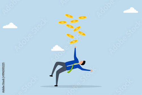 Financial mistake losing money, awkward businessman investor slipped on the wet floor and lost all of his dollar coins.