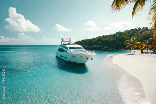 A stunning scene of a modern luxury yacht anchored near a pristine tropical beach with turquoise waters and palm trees swaying under a bright, sunny sky. Perfect for themes of travel, vacation photo