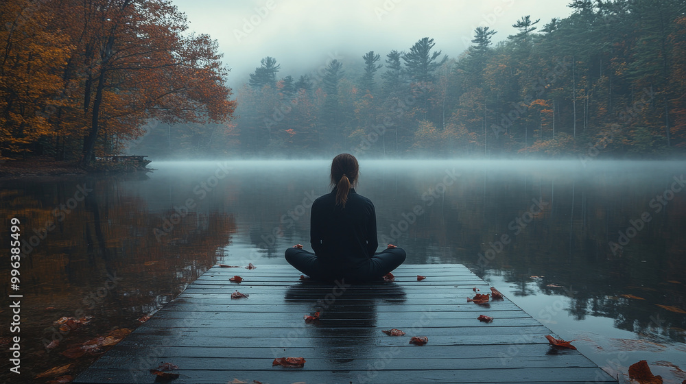 Woman meditating on a wooden dock overlooking a misty lake. Woman meditating on a wooden dock overlooking a misty lake.