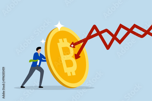 Bitcoin as safe haven of crypto and stock market crash, investor businessman obscured by shield of bitcoin.