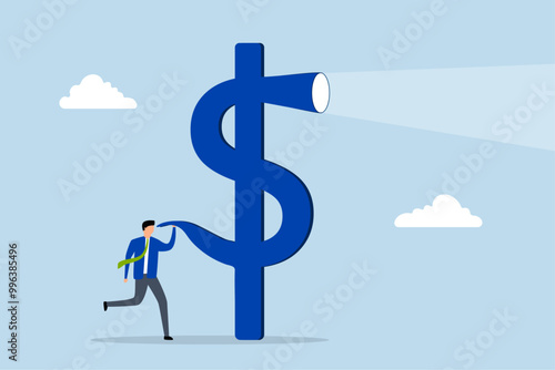 Investment opportunity discovery, Intelligent entrepreneur peers through a telescope shaped like a dollar sign to gaze into the future.