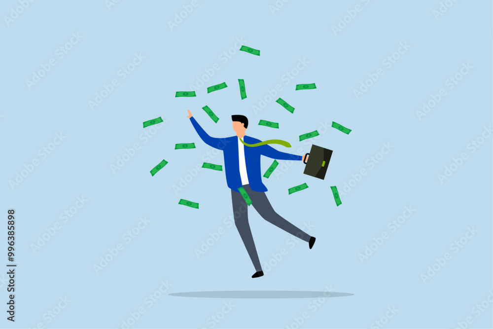 Success businessman achieve financial freedom, joyous businessman leaps high with a shower of money. Success businessman achieve financial freedom, joyous businessman leaps high with a shower of money.