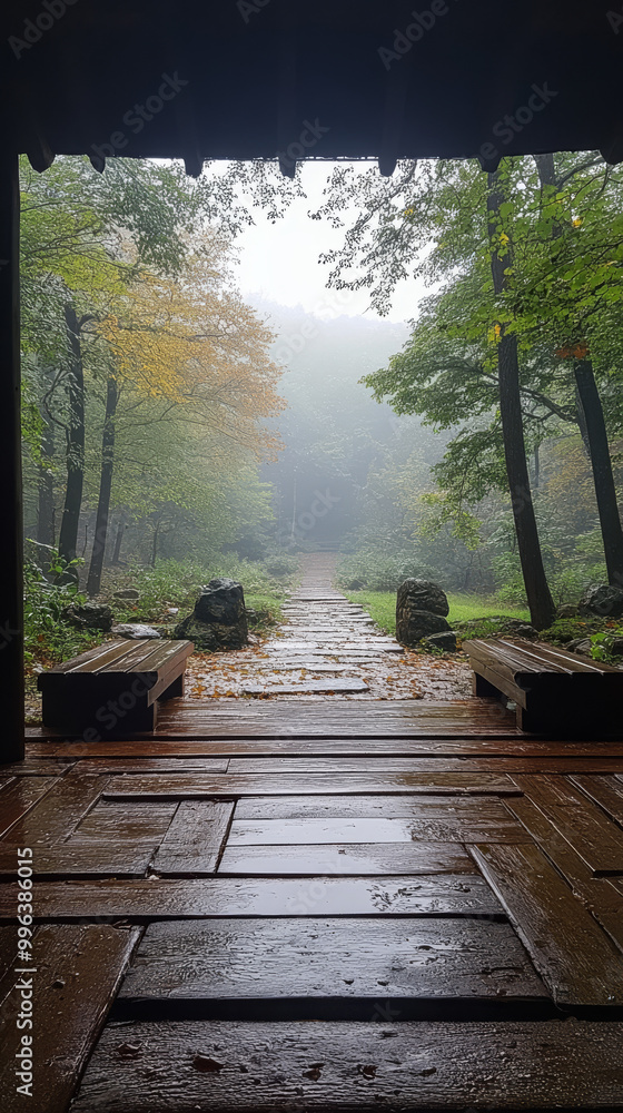 A stone path leads through a misty forest, framed by a wooden structure. A stone path leads through a misty forest, framed by a wooden structure.