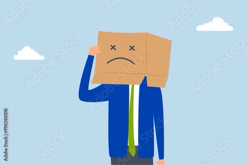 Unsatisfied customer, Unhappy man in a cardboard box with a sad expression, feeling frustrated.