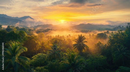 Stunning sunrise illuminating a lush tropical rainforest with distant mountains in the background Ideal for environmental campaigns nature projects eco tourism marketing and wall art photo