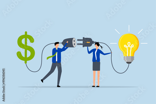 Financial support for startup and entrepreneur company, Businessman and businesswoman link a lightbulb and a dollar sign.