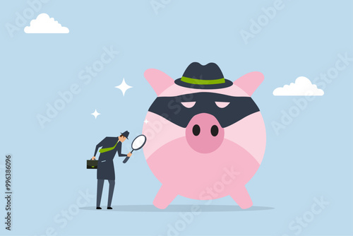 Financial crime, Detective man examining pink piggy bank with magnifying glass while wearing a criminal mask.