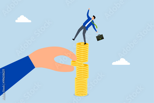 Investment risk from rug pull crash, massive hand withdraws money from a stack of coins, leading to the investor downfall.
