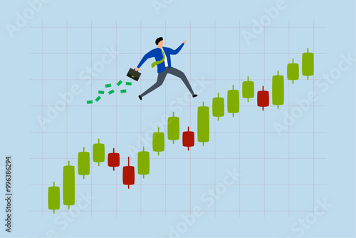 Success trader make profit with investment trading, businessman investor with a money briefcase runs confidently on a candlestick graph.