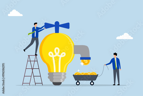 Idea to make money, Entrepreneur turns on the lightbulb of ideas to generate coins and make money.