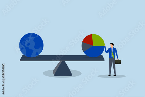 Global investment asset allocation, Businessman managing funds maintains equilibrium between pie chart and globe or world.
