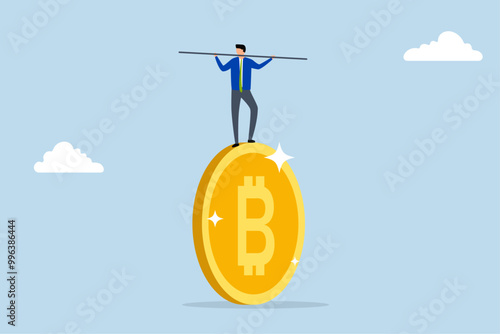 Bitcoin and crypto investment risk, Businessman investor performing like a tightrope walker on a massive bitcoin.