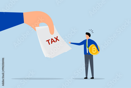 Crypto currency tax, Businessman investor holding bitcoin caught off guard by government issuing tax bill.
