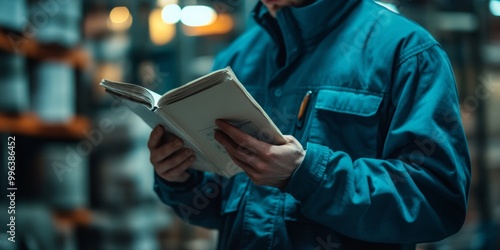 Technician studying manuals in a softly illuminated workspace, focus on diligent preparation and attention to detail.