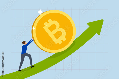 Bitcoin and crypto price rising up, Businessman investor working diligently to bolster the value of Bitcoin, propelling it higher on the ascending arrow graph and chart.