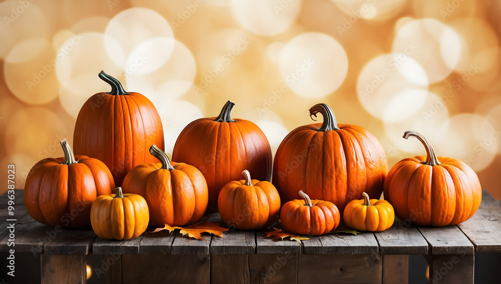 Halloween, vibrant orange pumpkins displayed on a rustic wooden table, set against a bokeh glowing background, creating a festive atmosphere with ample copy space for your text or message. Halloween, vibrant orange pumpkins displayed on a rustic wooden table, set against a bokeh glowing background, creating a festive atmosphere with ample copy space for your text or message.