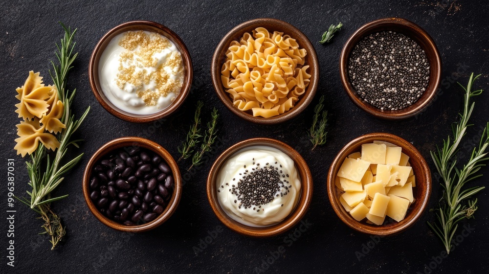 A collection of ceramic bowls filled with diverse kitchen ingredients featuring pasta yogurt with chia seeds black beans and cheese set against a dark backdrop with rosemary sprigs A collection of ceramic bowls filled with diverse kitchen ingredients featuring pasta yogurt with chia seeds black beans and cheese set against a dark backdrop with rosemary sprigs