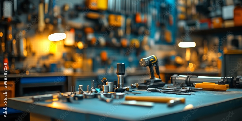 Technician's Tools on Workbench, meticulous arrangement of tools, softly blurred workspace, warm ambient light enhancing the scene Technician's Tools on Workbench, meticulous arrangement of tools, softly blurred workspace, warm ambient light enhancing the scene