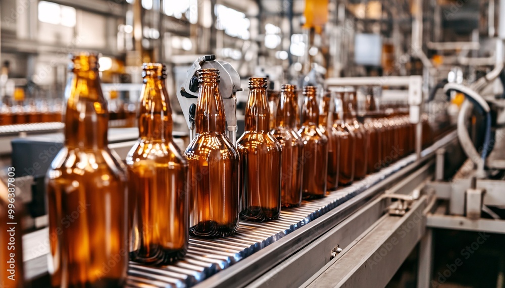 Glass bottles transported along a conveyor belt in a streamlined operation showcasing the manufacturing process. Glass bottles transported along a conveyor belt in a streamlined operation showcasing the manufacturing process.