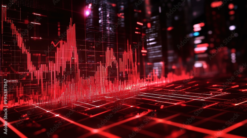 Abstract red data visualization showcasing fluctuating graphs and charts against a dark background. Abstract red data visualization showcasing fluctuating graphs and charts against a dark background.