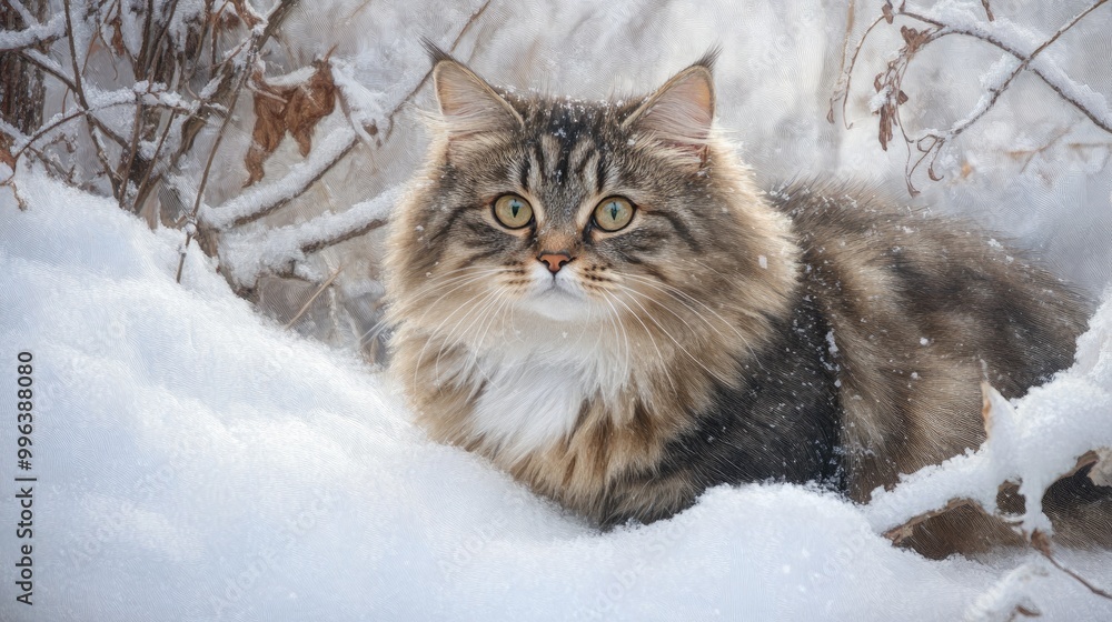 Close up portrait of a fluffy gray Siberian cat sitting in a snowdrift gazing to the side in a winter forest setting Close up portrait of a fluffy gray Siberian cat sitting in a snowdrift gazing to the side in a winter forest setting