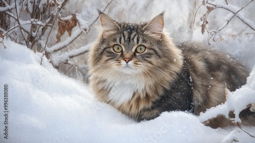 Close up portrait of a fluffy gray Siberian cat sitting in a snowdrift gazing to the side in a winter forest setting