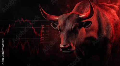 Aggressive bull with stock market chart background, symbolizing market trends and financial power in a red, intense atmosphere