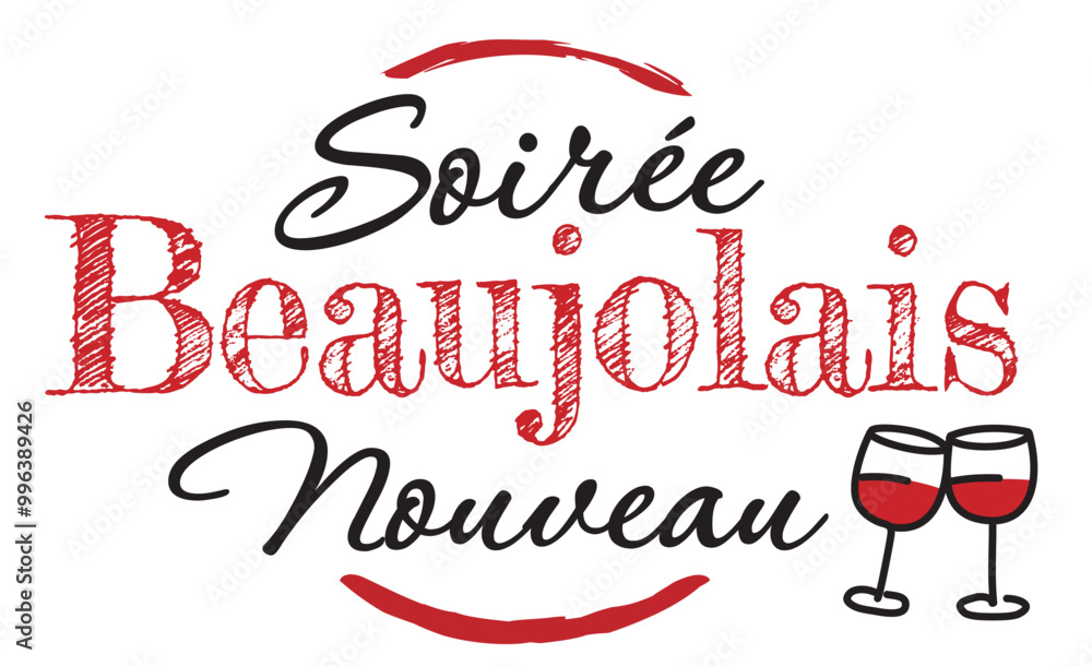 Soirée Beaujolais Nouveau - Tonneau et verres de vin qui trinquent - Illustration vectorielle avec fond transparent. Illustration EPS, JPEG, et PNG