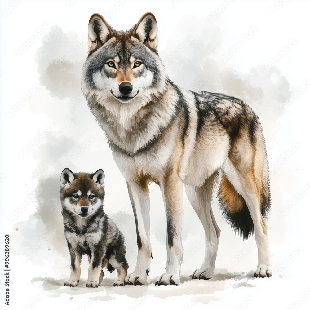 A mother wolf standing protectively beside her playful pup in a tranquil outdoor setting A mother wolf standing protectively beside her playful pup in a tranquil outdoor setting