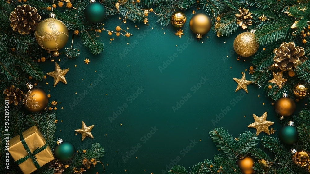 Vibrant green Christmas backdrop adorned with fir branches golden ornaments stars and gifts Ideal for New Year s greetings and festive decorations Vibrant green Christmas backdrop adorned with fir branches golden ornaments stars and gifts Ideal for New Year s greetings and festive decorations