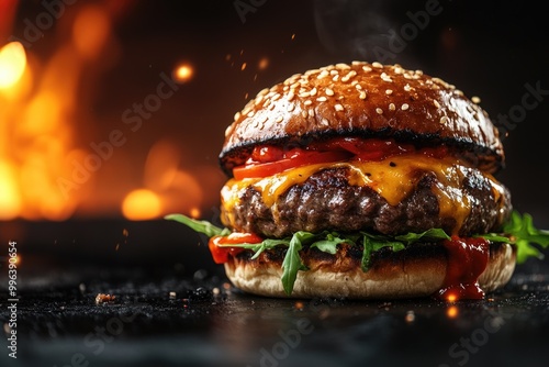 Juicy cheeseburger with tomato. Perfect for a website promoting food or restaurants. photo