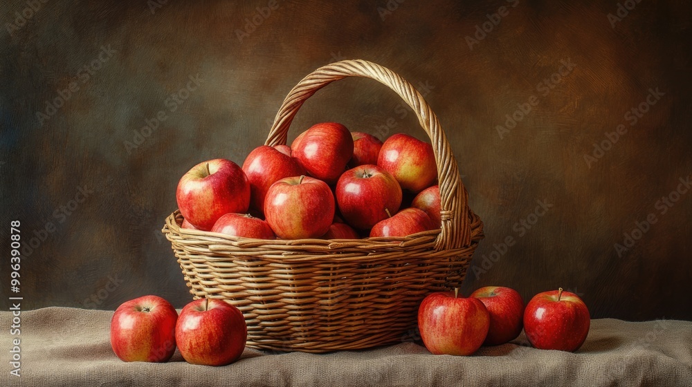 Wooden basket overflowing with red apples placed on a brown tablecloth Wooden basket overflowing with red apples placed on a brown tablecloth