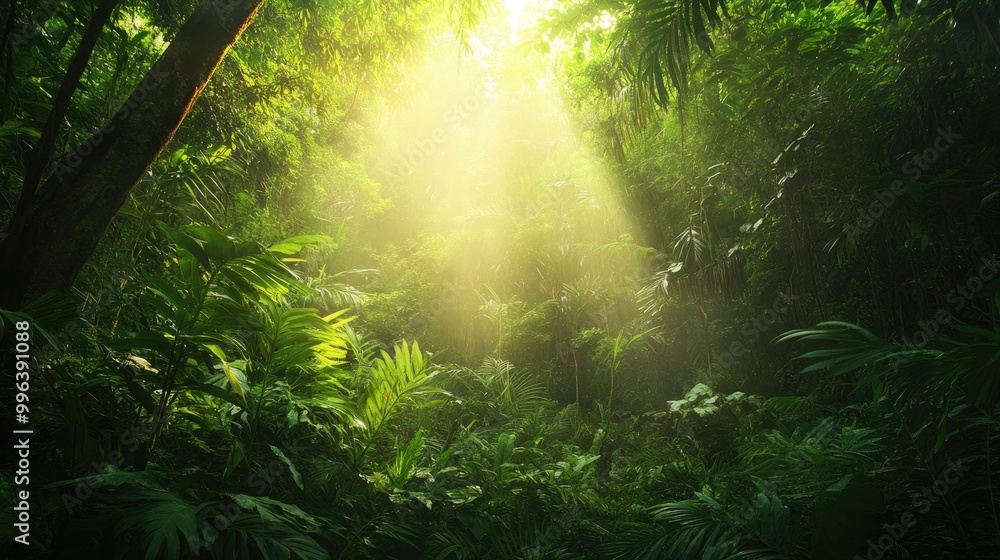 Fototapeta premium Sunlight filters through the thick green canopy of a vibrant tropical jungle