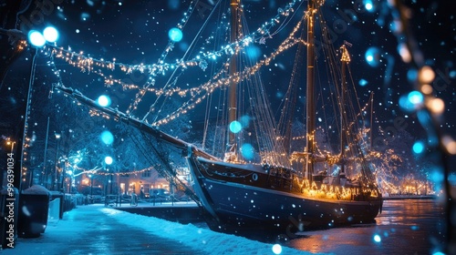 Sailing vessel adorned with festive lights at night featuring cool blue and white hues amidst snowfall during winter with a pirate theme photo