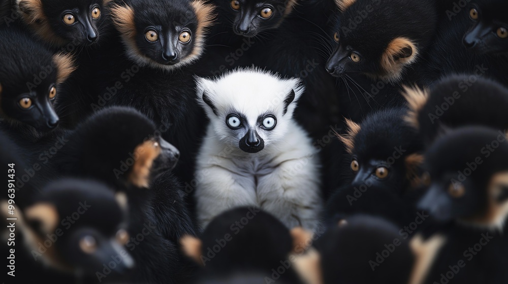 Obraz premium Albino lemur stands out among dark peers