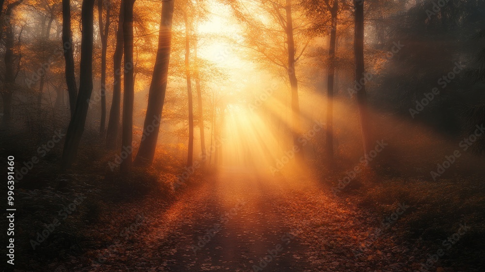 Obraz premium Sunlight filters through a foggy forest trail