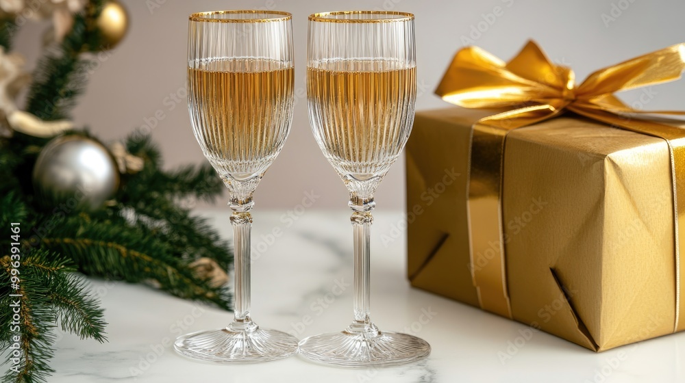 Two champagne glasses alongside a gold gift box arrangement Two champagne glasses alongside a gold gift box arrangement