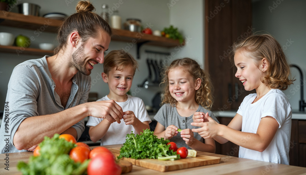 Happy family with little children preparing salad together, engaged in their culinary activity teamwork and joy of cooking with fresh vegetables healthy and nutritious nature of meal Happy family with little children preparing salad together, engaged in their culinary activity teamwork and joy of cooking with fresh vegetables healthy and nutritious nature of meal