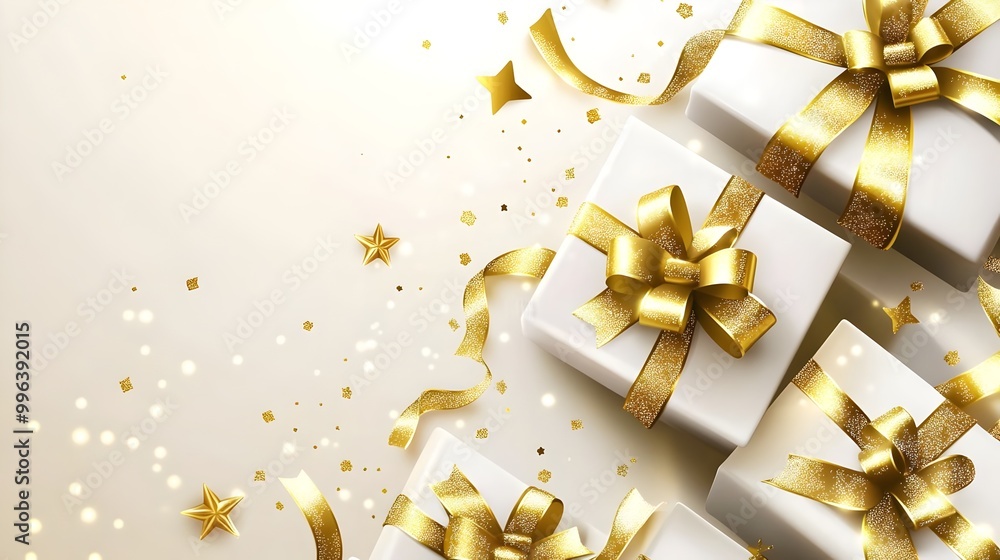 Background with 3d white gift boxes with golden ribbon and bow. Birthday and New Year celebration concept, design. Christmas and New Year Gifts with confetti and Decoration.Banner design 3D Illustrati Background with 3d white gift boxes with golden ribbon and bow. Birthday and New Year celebration concept, design. Christmas and New Year Gifts with confetti and Decoration.Banner design 3D Illustrati